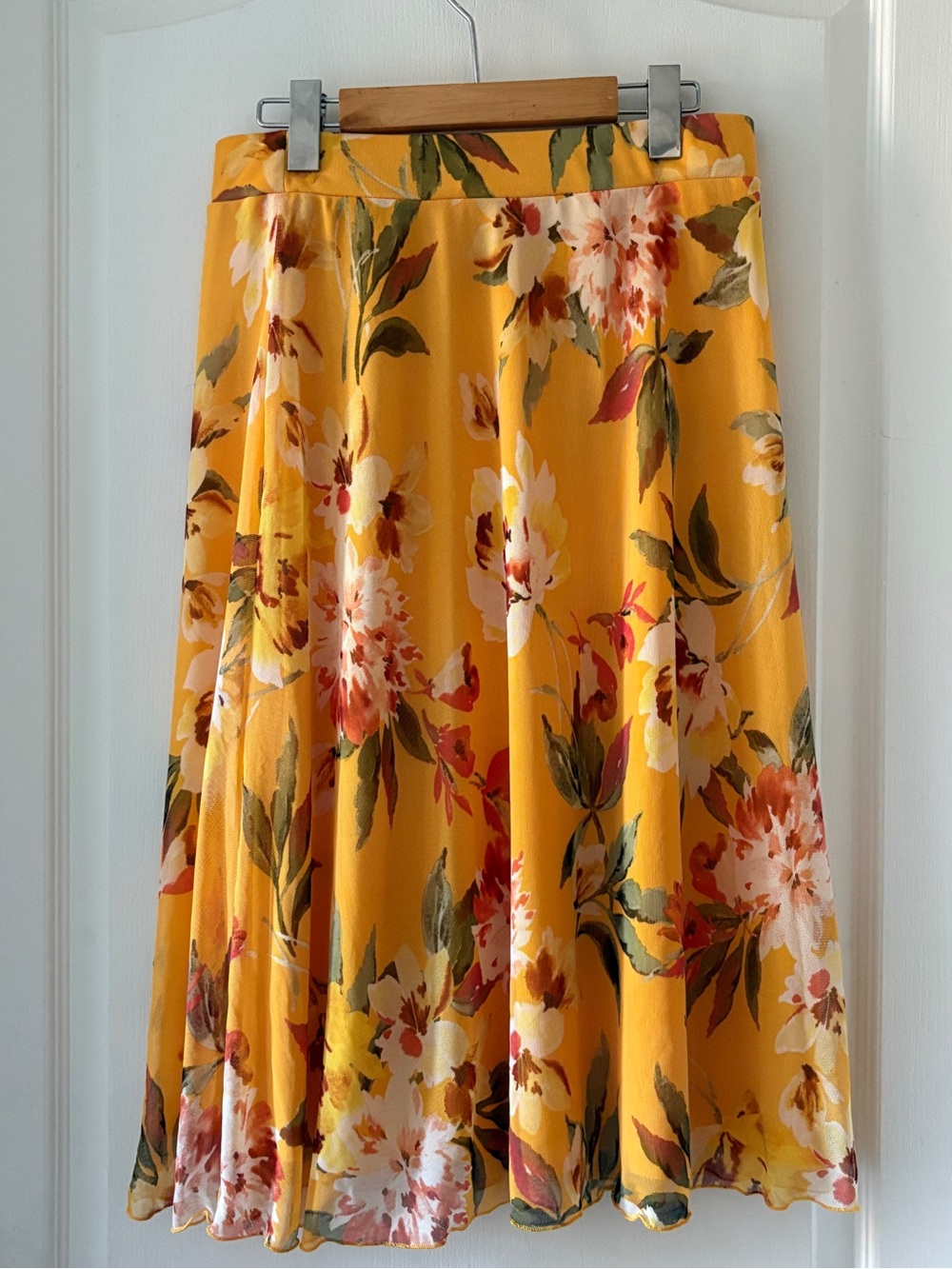 Yellow Floral A-Line Midi Skirt